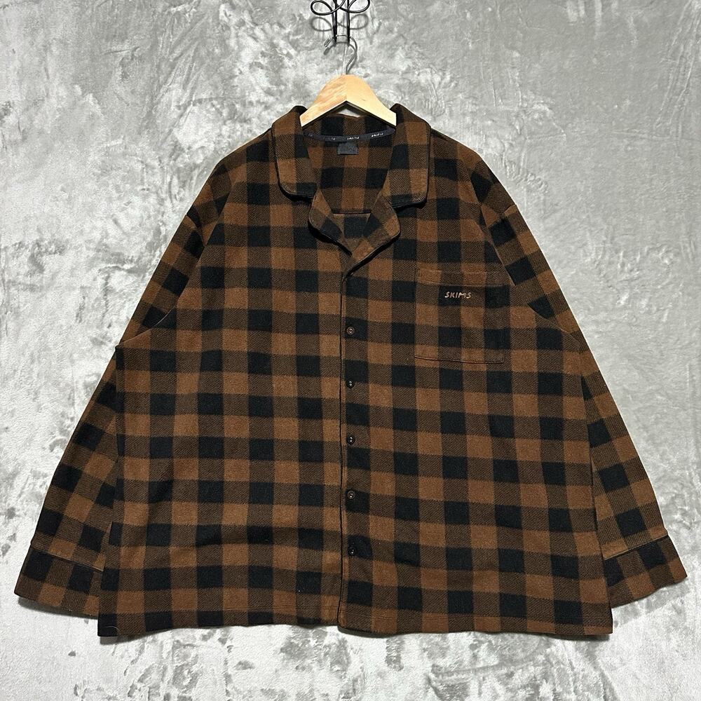 SKIMS Jasper Buffalo Check Fleece Sleep Pajama Top Womens 4x Brown Flannel Plaid